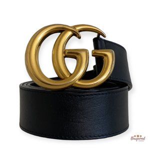 Authentic Gucci Black Smooth Re-Edition Wide Leather Double G Buckle Belt 80/32